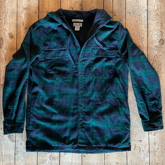 L.L. Bean Other - L.L. Bean Men’s Med Hooded Fleece Shirt Jacket Green Blue Plaid Traditional Fit